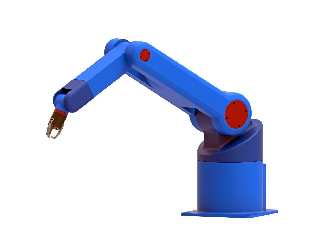 A blue and red articulated robot arm. 