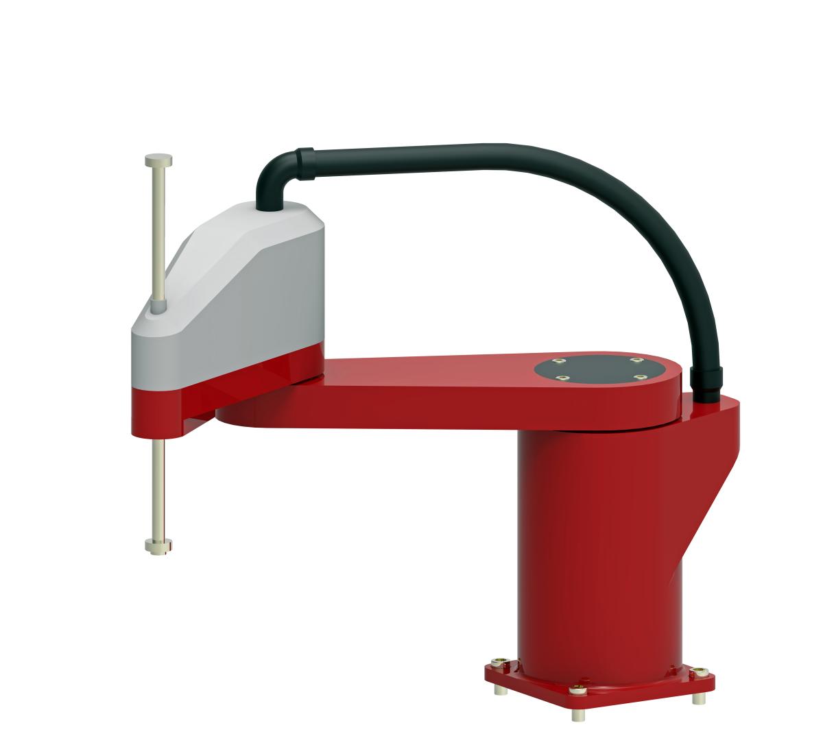 A red and grey SCARA Robotic arm against a white background.